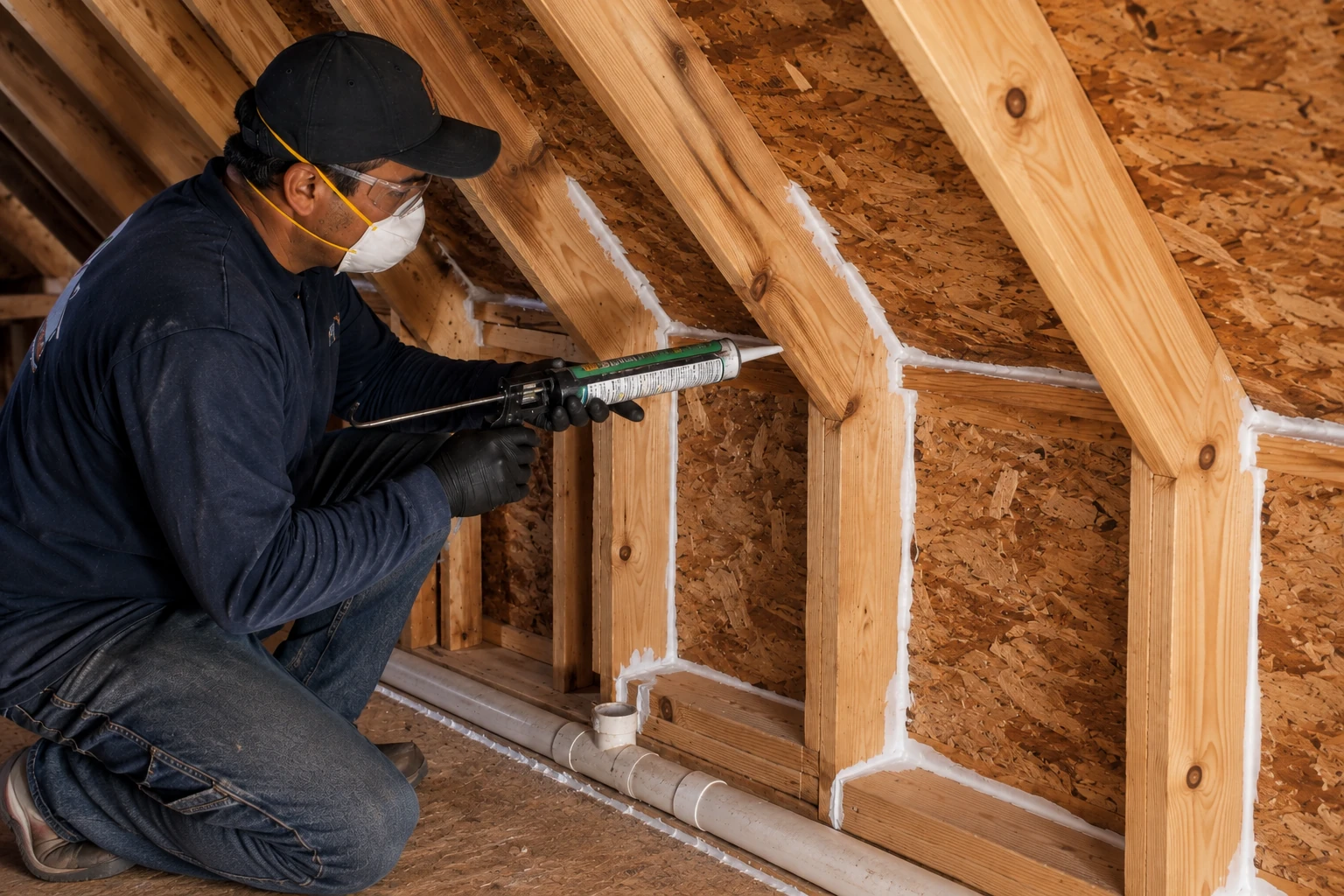 A worker uses a caulking gun to seal gaps between wooden attic framing with white foam.