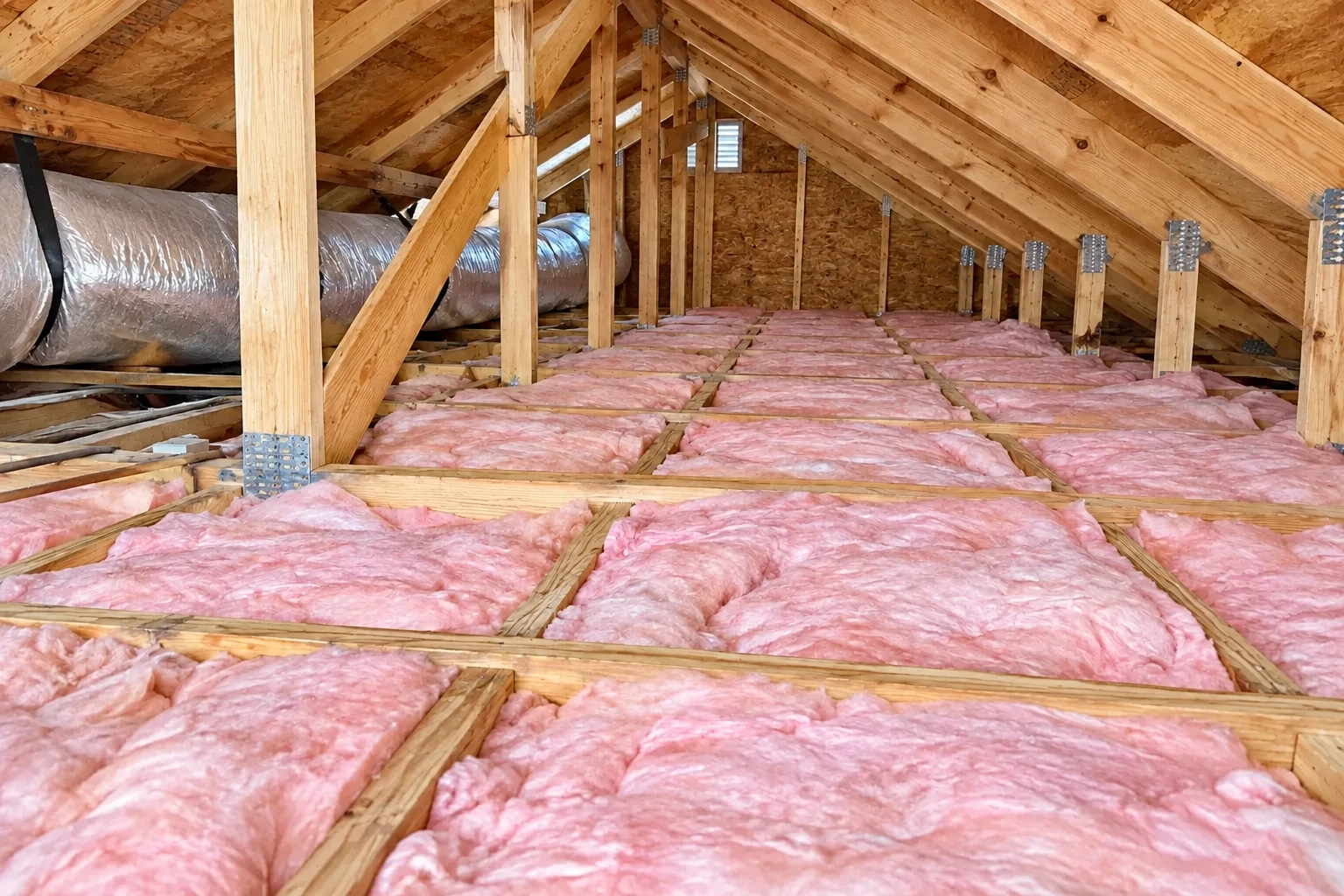 Pink fiberglass batts fill the floor joists of a clean, timber-framed attic.
