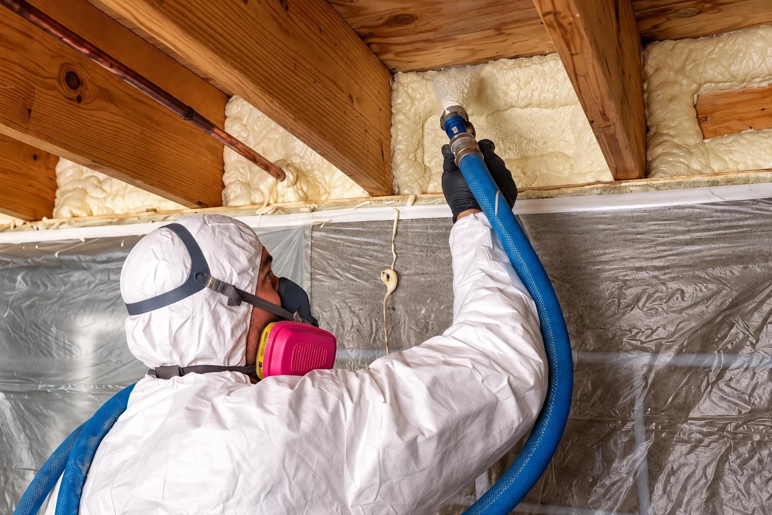 A worker in protective coveralls and a respirator applies spray foam insulation between attic rafters using a blue hose.