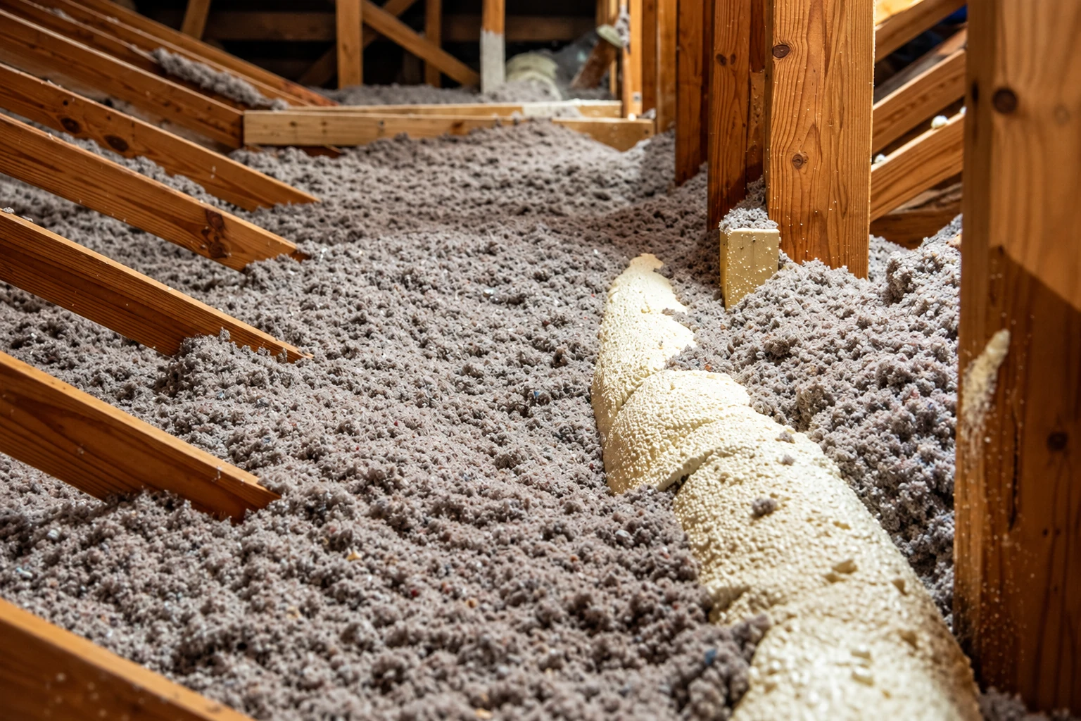 Gray blown-in insulation covers an attic floor between wooden rafters, with a narrow strip of white foam visible.