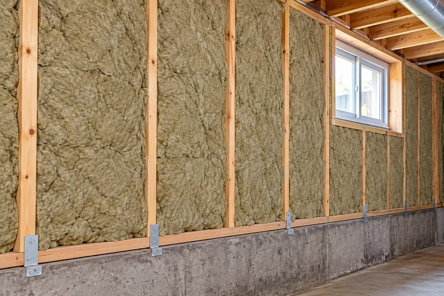 Basement wall framed with wood studs filled with gray insulation above a concrete foundation.