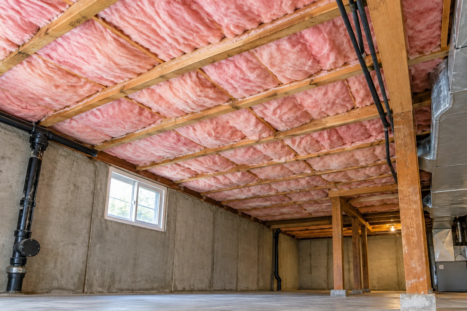 Pink fiberglass batts fill the exposed ceiling joists of a concrete basement with ductwork and support posts.