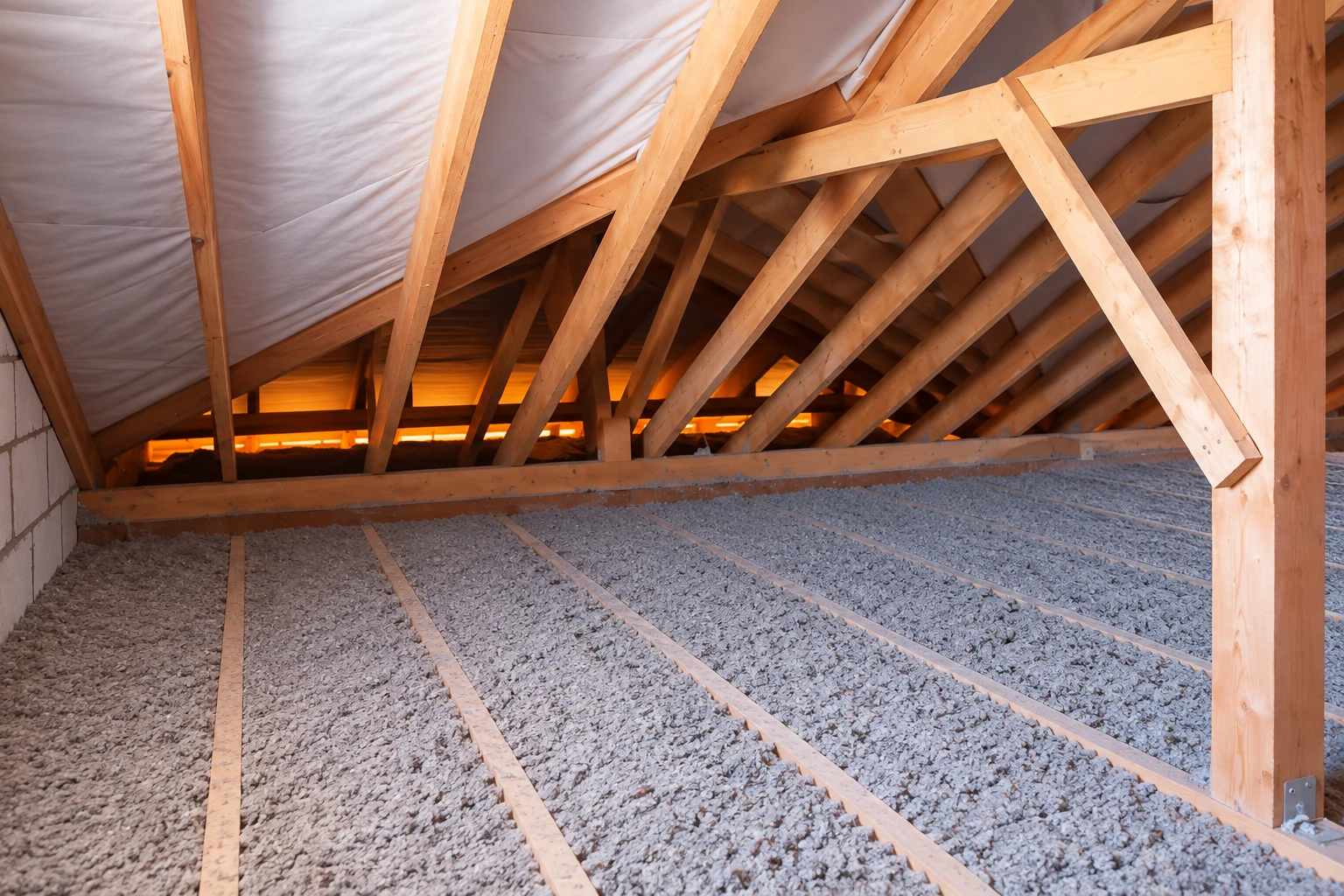 Gray blown-in insulation covers an attic floor between wooden joists beneath exposed roof trusses.