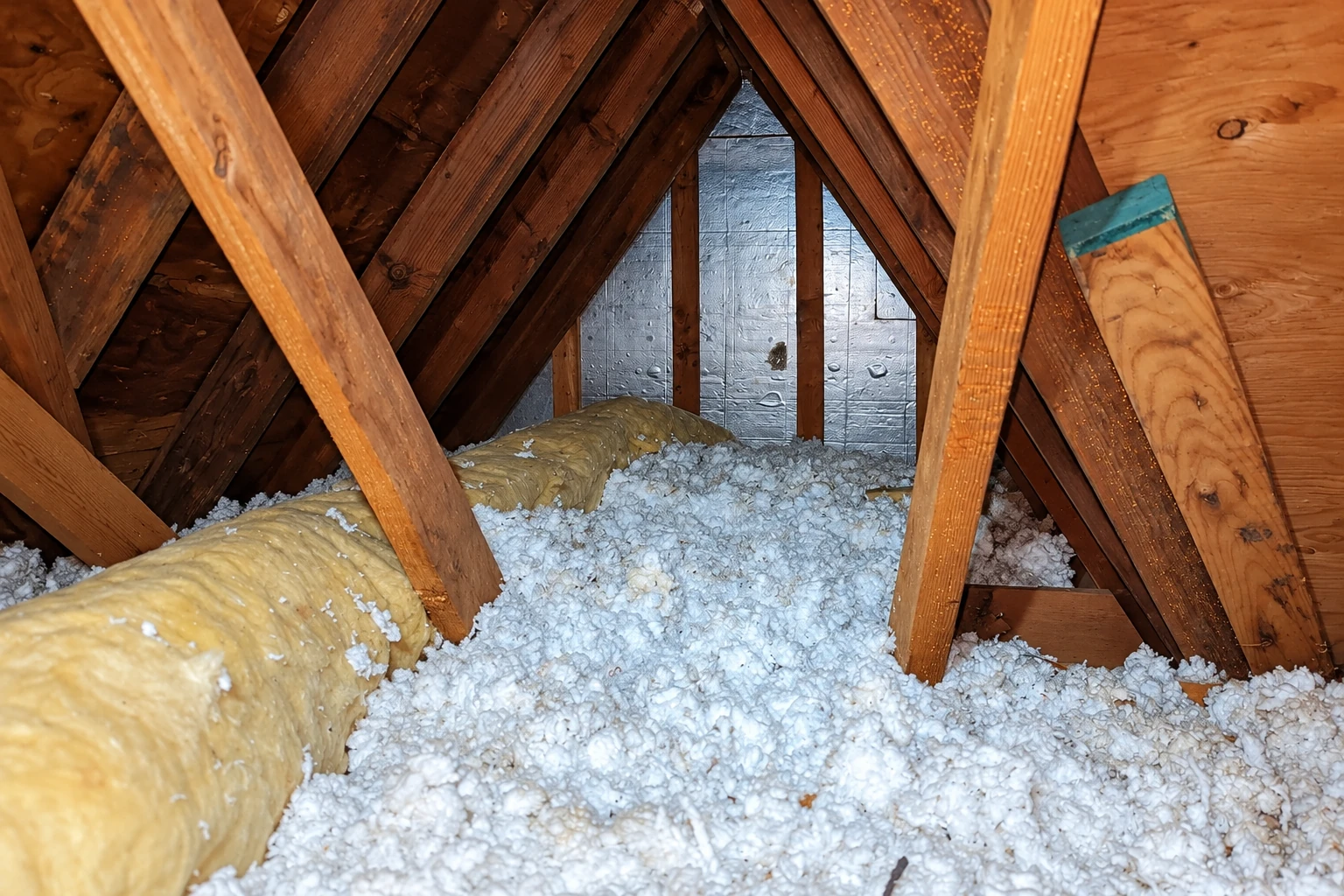 Loose white blown-in insulation covers an attic floor beside a roll of yellow fiberglass insulation.