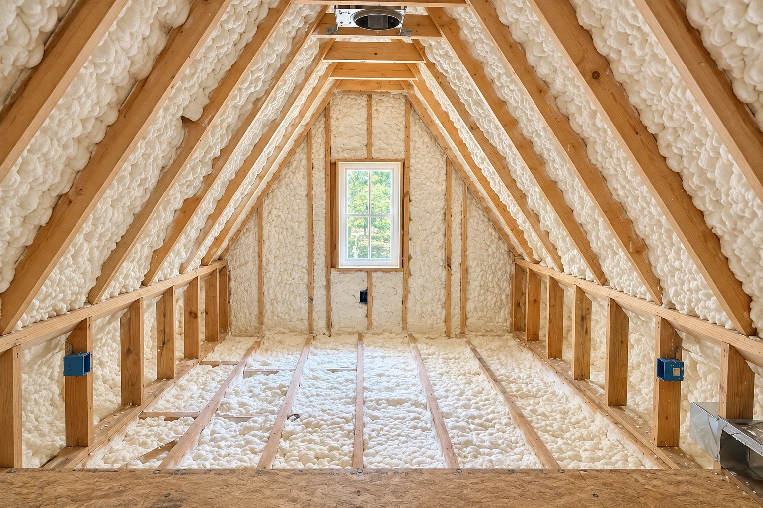 Attic framing filled with white spray foam insulation, with a small window at the far end.