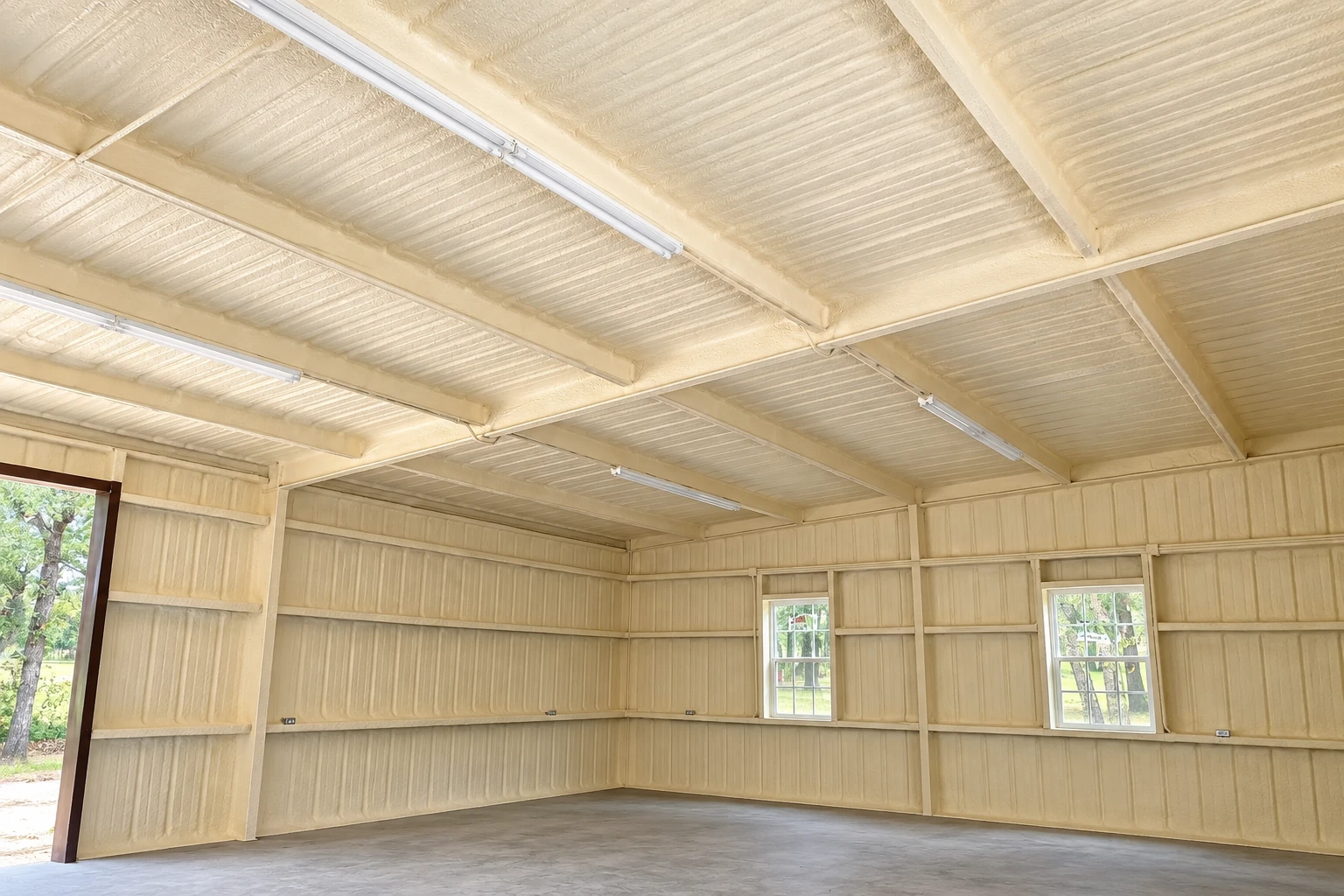 A large commercial building interior has cream-colored spray foam coating its ceiling and walls.
