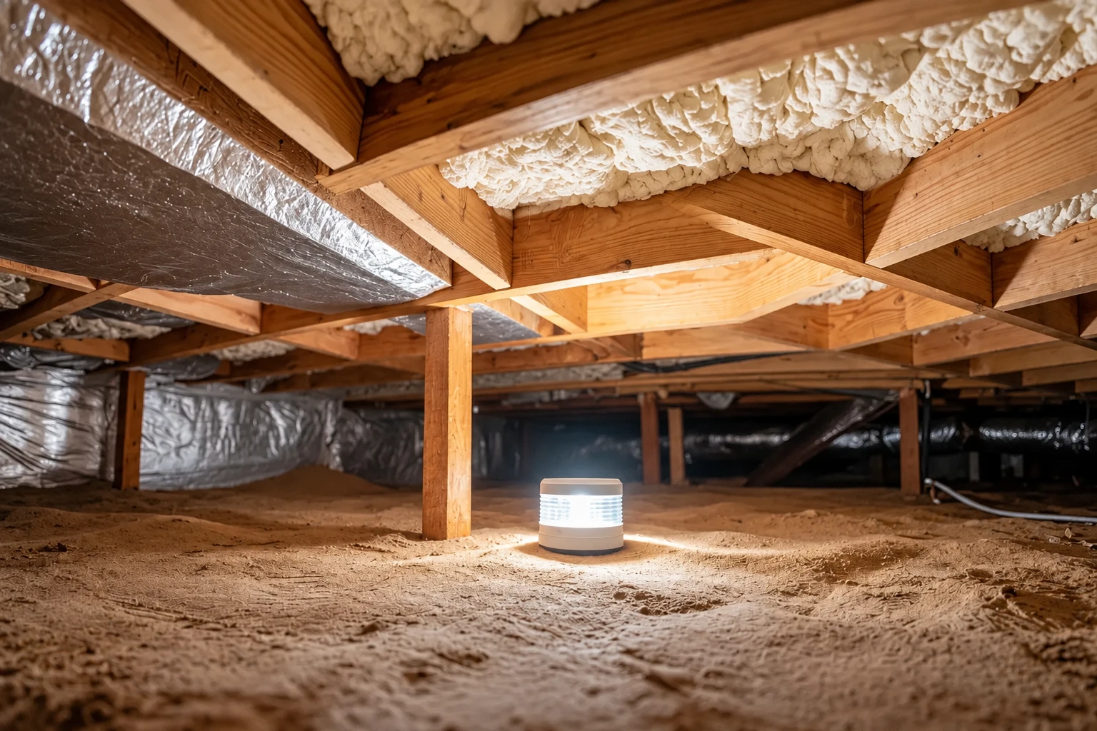 Crawl space with exposed wooden joists, white spray foam insulation, reflective ductwork, and a small work light on the dirt floor.