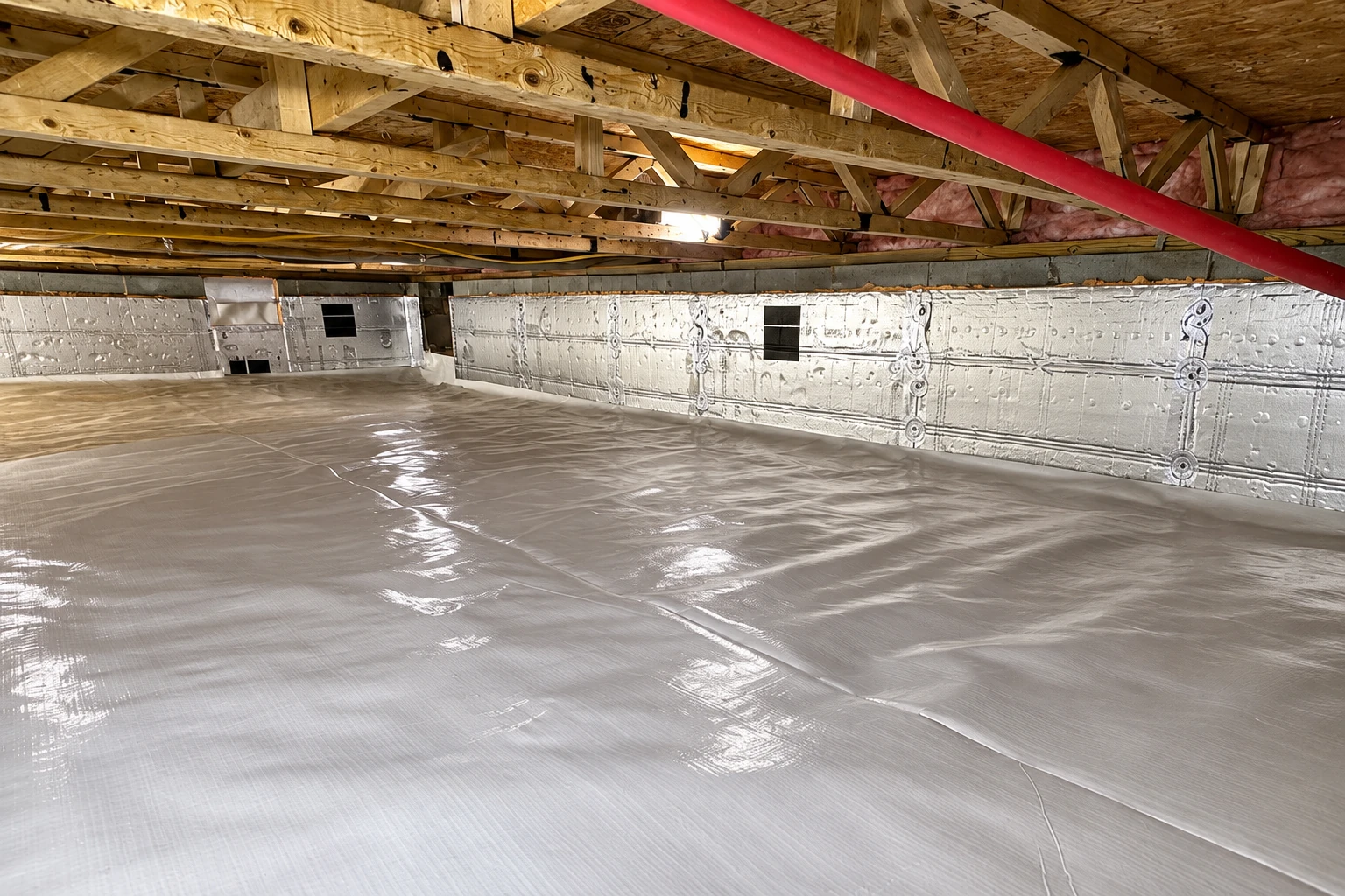 Crawl space with a plastic vapor barrier covering the floor and rigid insulation panels along the foundation walls.