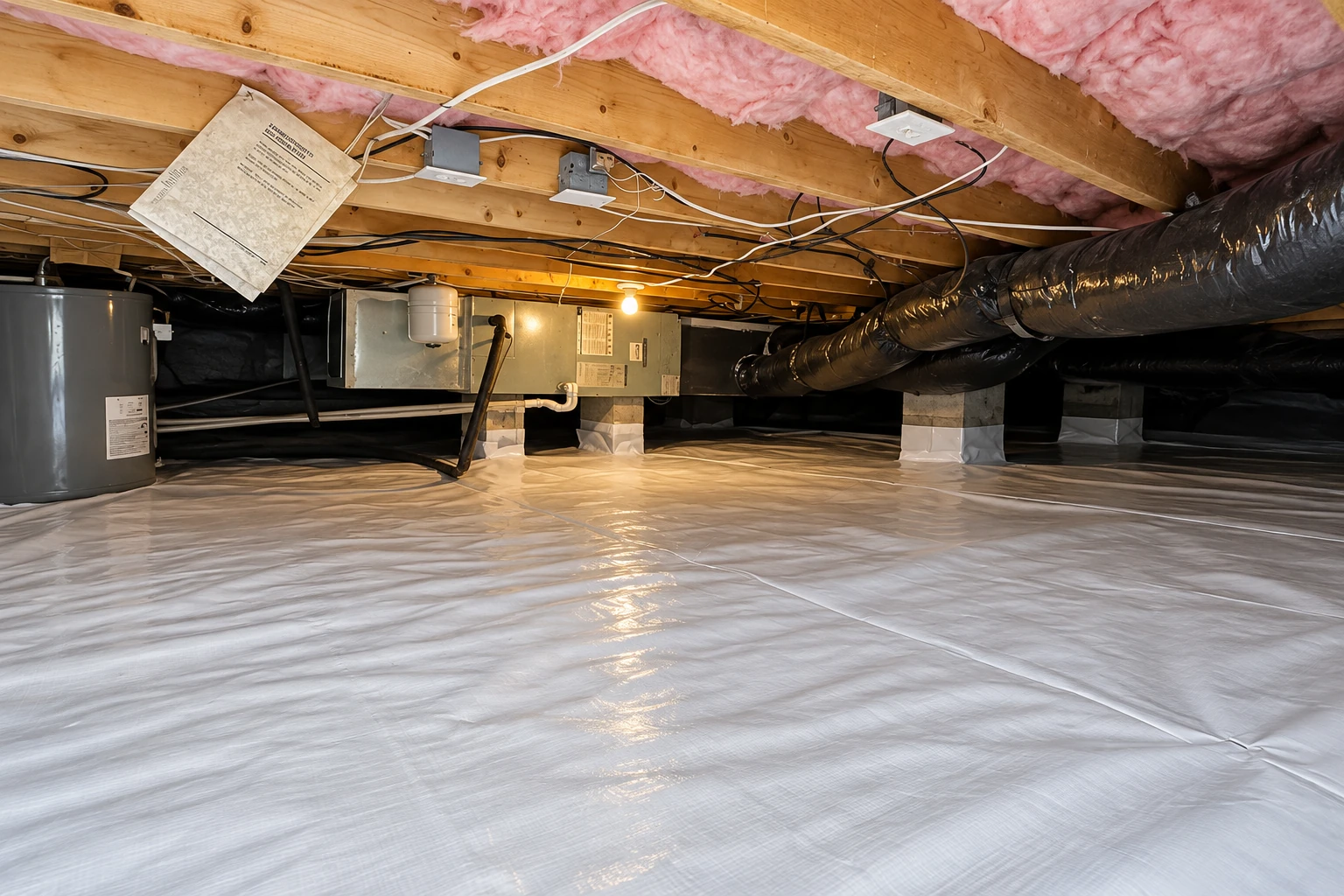 A crawl space has a white vapor barrier covering the floor beneath exposed joists, ducts, and pink insulation.