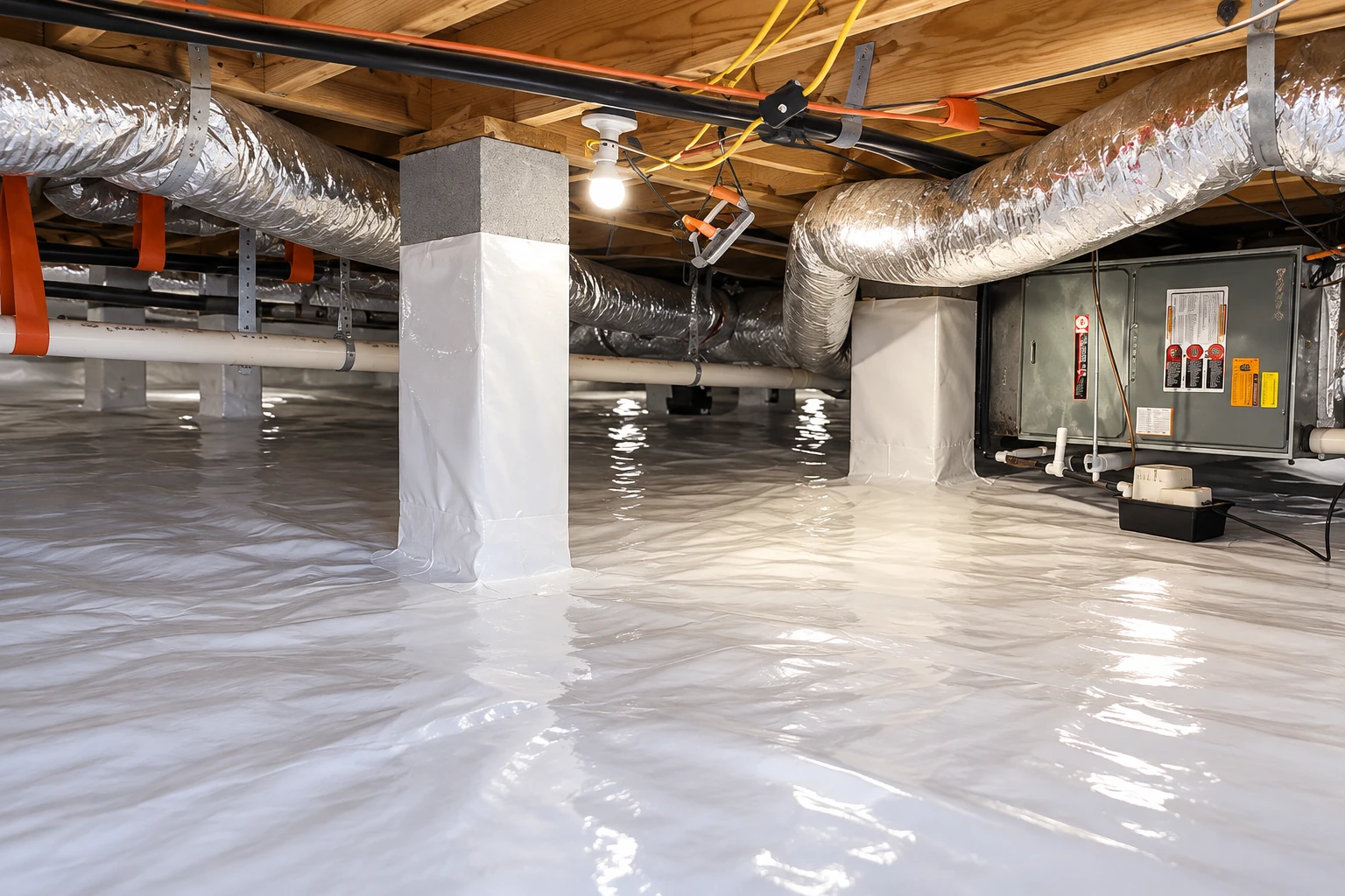 A crawl space has a shiny white vapor barrier covering the floor and wrapped around support posts, beneath ducts and pipes.