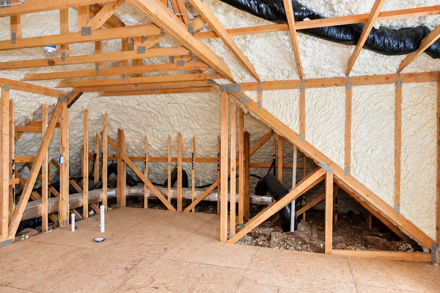 An attic with exposed wooden framing has cream spray foam insulation covering the roof slopes and walls.