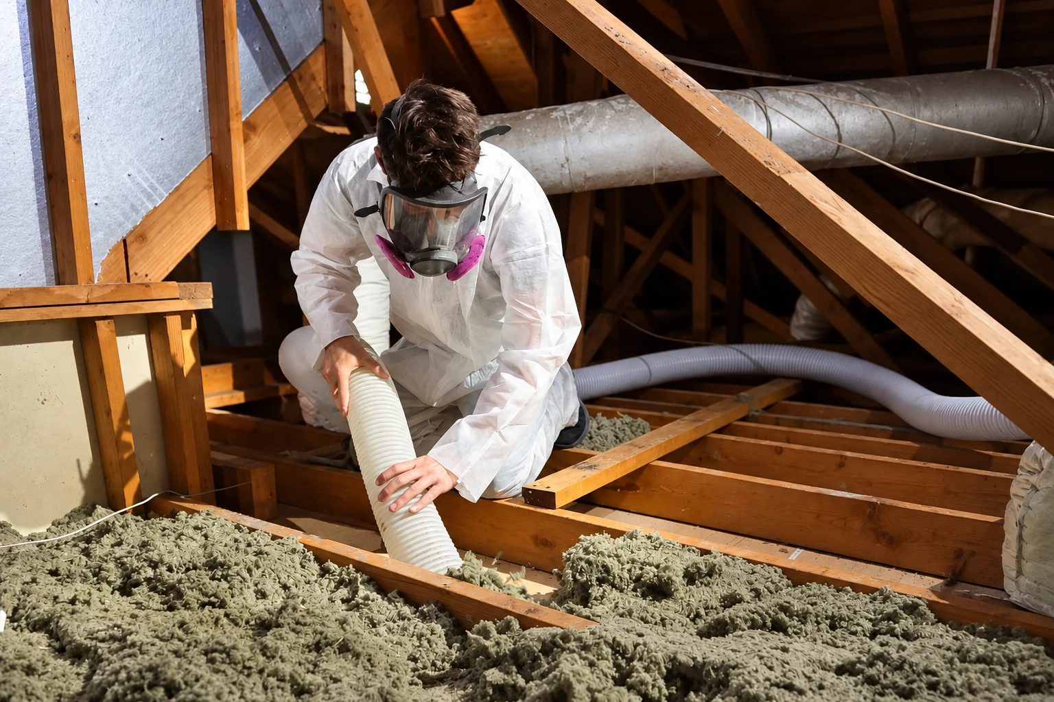 A worker in protective coveralls and a respirator uses a hose to remove loose gray insulation from an attic floor.