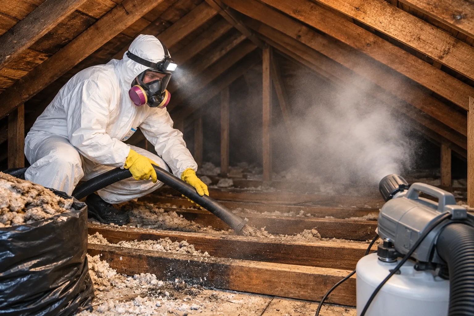 A worker in protective coveralls and a respirator vacuums loose insulation from a wooden attic into a hose.