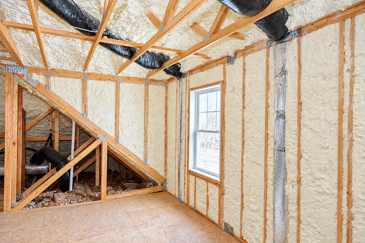 Cream-colored spray foam covers the walls and rafters of an unfinished attic with exposed framing and ducts.