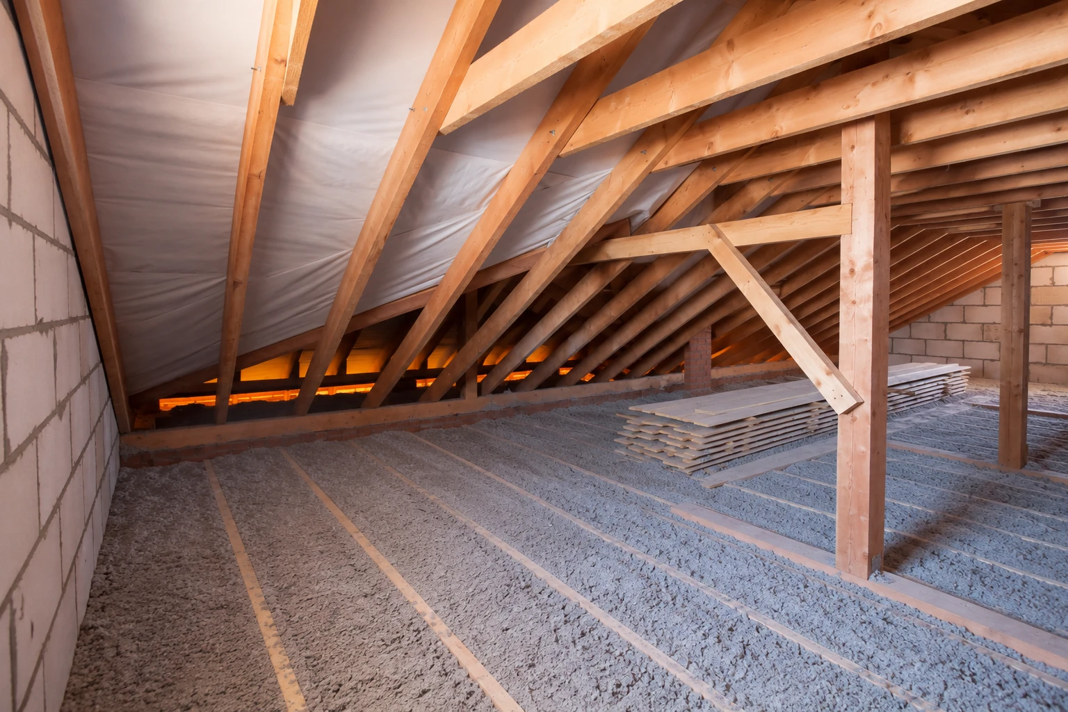 Attic with gray blown-in insulation across the floor, exposed wooden rafters, and stacks of boards.