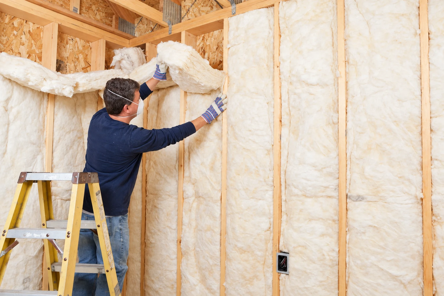 A worker in gloves fits fluffy fiberglass batts between wooden wall studs in an unfinished room.
