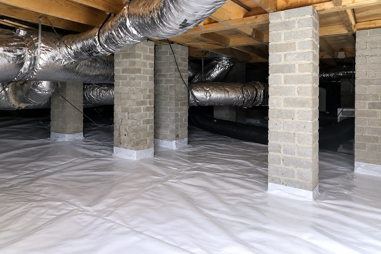 A crawl space shows white vapor barrier sheeting across the floor between concrete block supports and metal ducts.