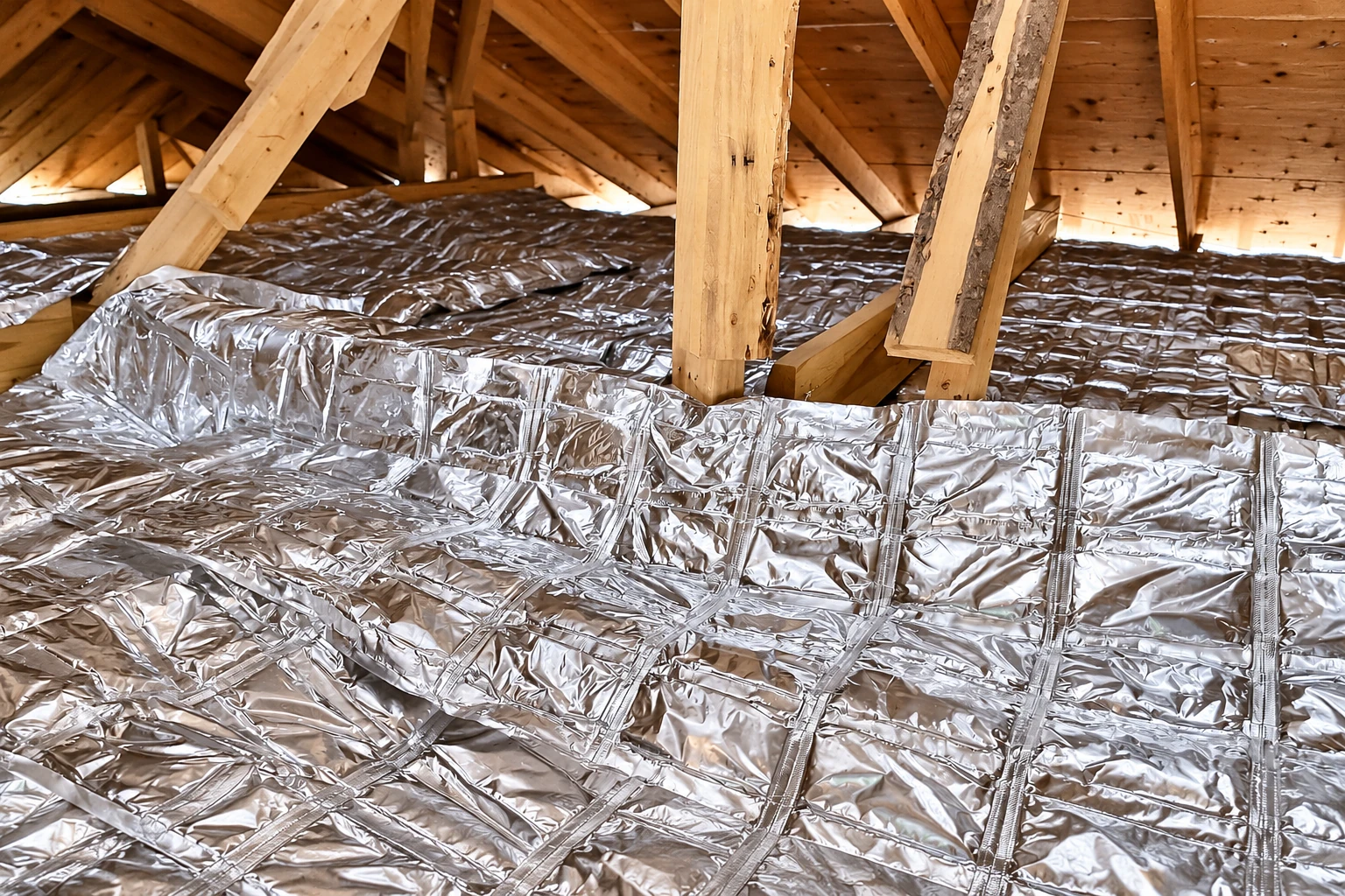 Shiny silver vapor barrier sheets cover the floor of a wooden attic.