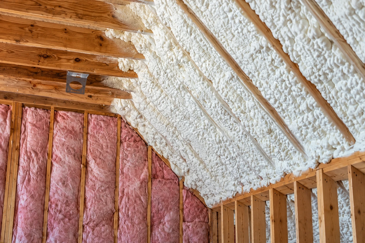 Attic rafters coated with white spray foam beside wall studs filled with pink fiberglass batts.
