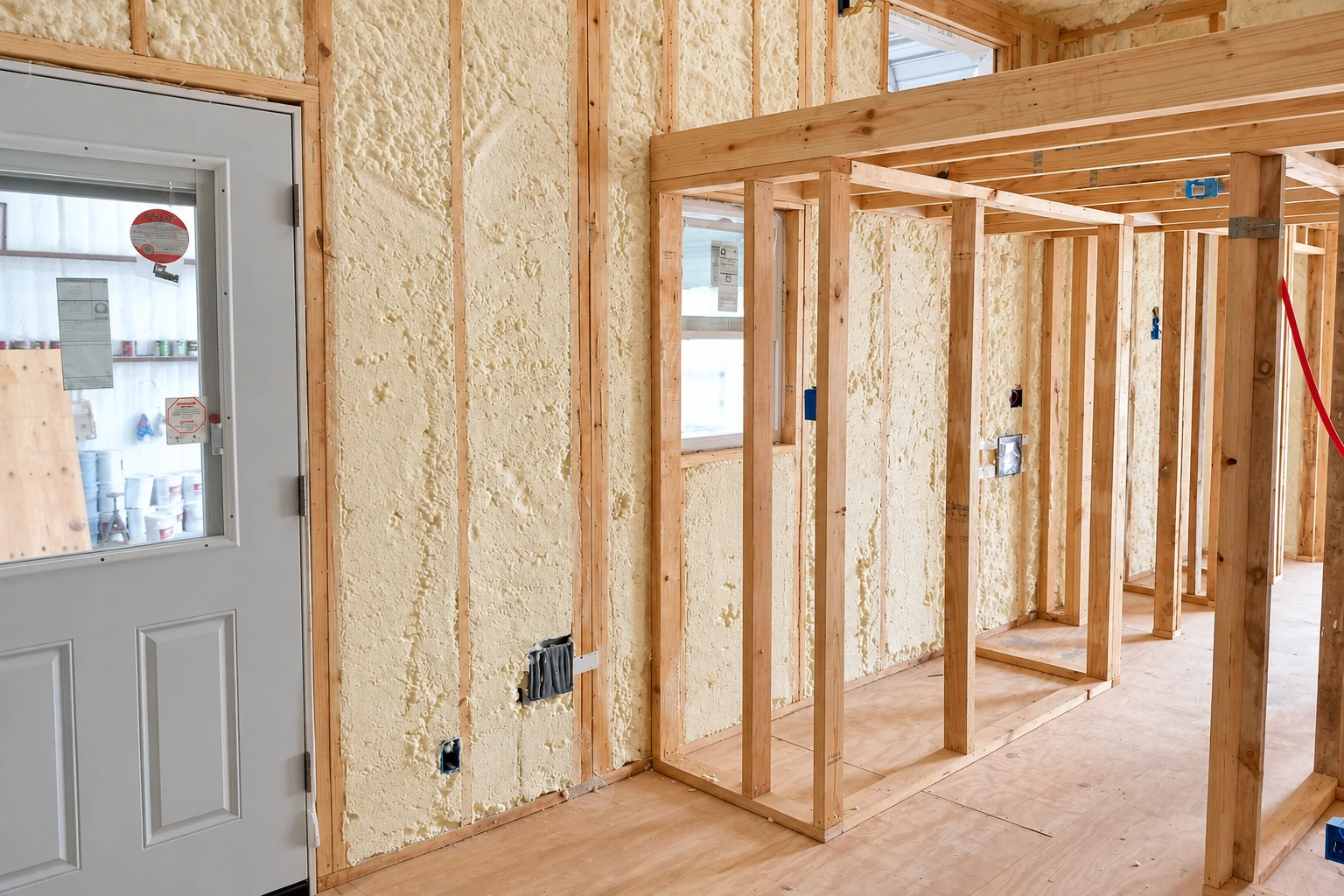 Unfinished interior with exposed wooden framing and pale spray foam filling wall cavities.